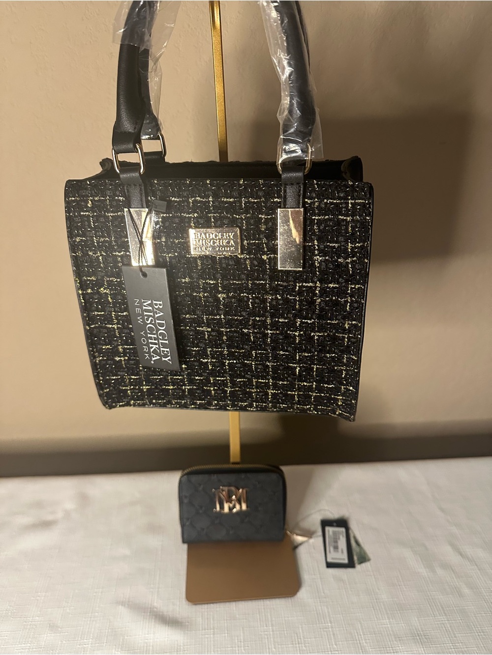 Badgley Mischka Black Tweed Satchel with Gold Accents and black wallet